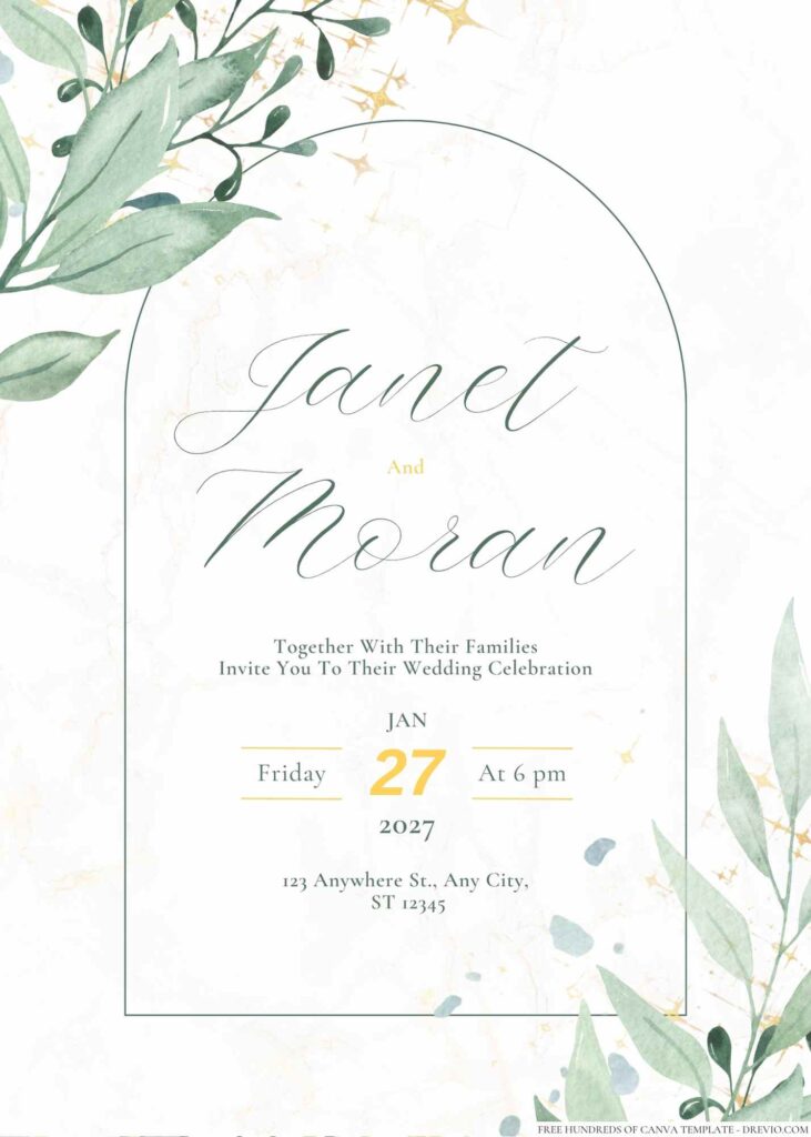 Minimalist Greenery Gold Glitter Canva Wedding Invitation Templates