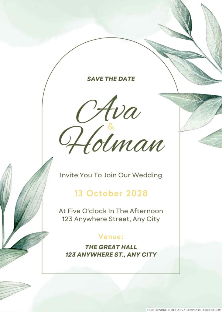 Free Editable Minimalist Greenery Pastel Leaves Wedding Invitation