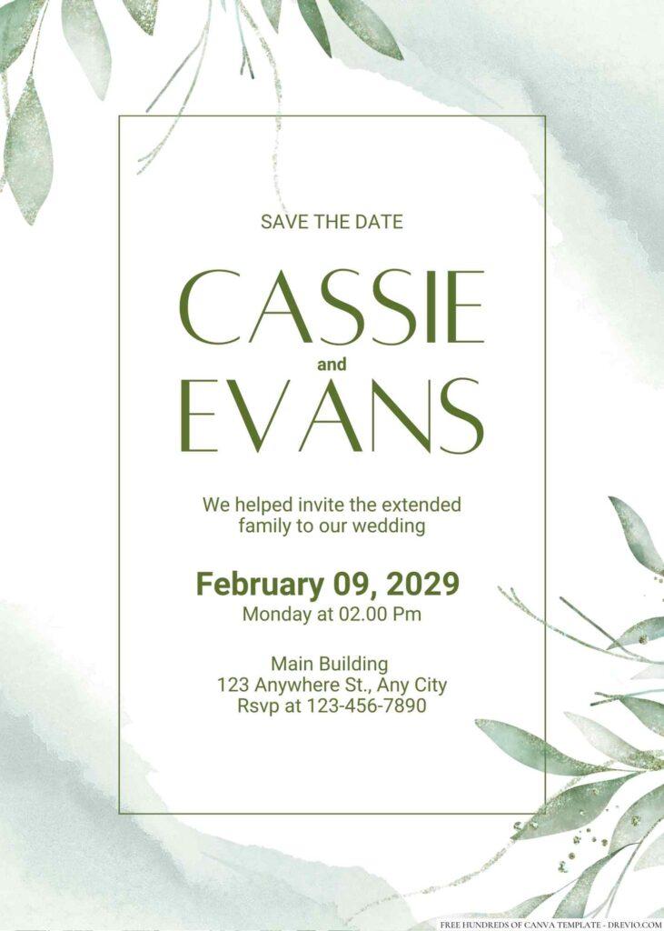 Free Editable Minimalist Green Watercolor Leaves Wedding Invitation