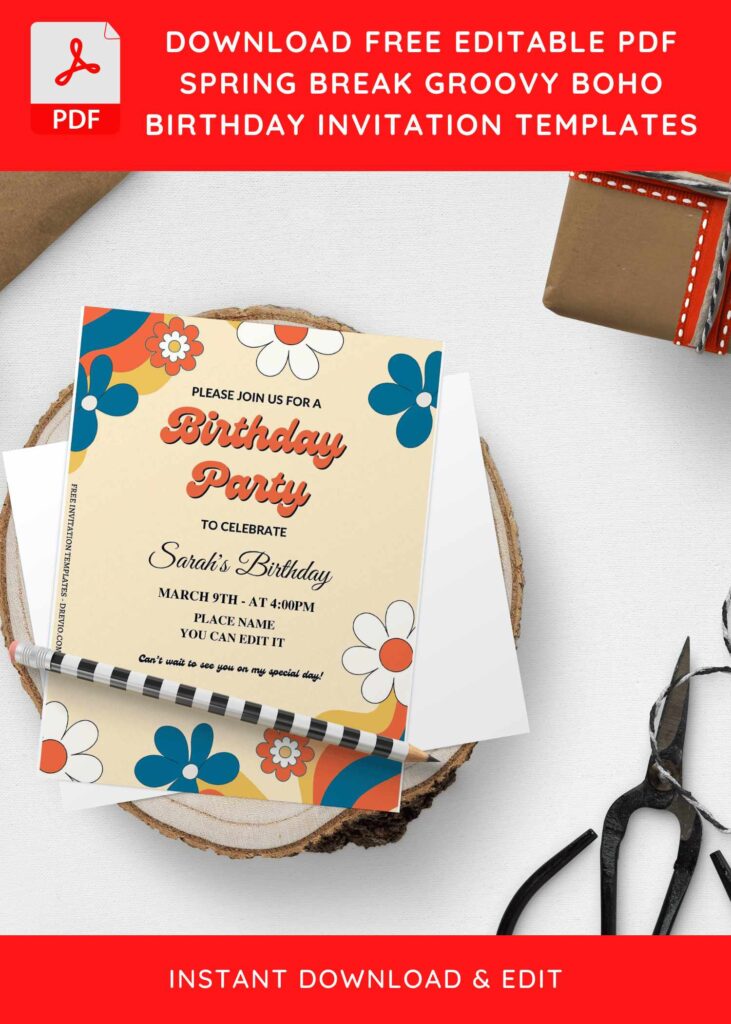 (Free Editable PDF) Groovy Summer Boho Daisy Birthday Invitation Templates I