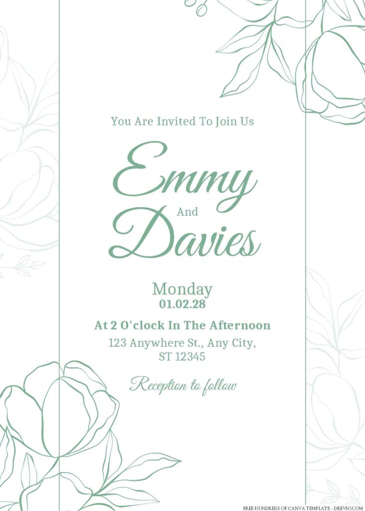 Free Editable Minimalist Green Handdrawn Floral Wedding Invitation