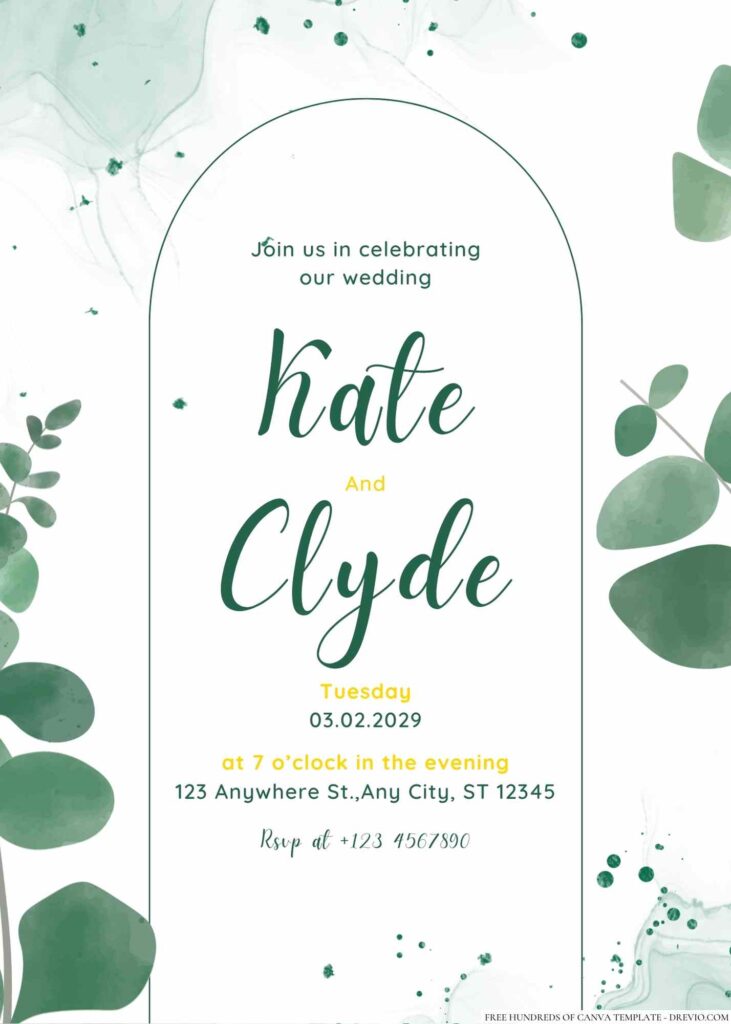 Free Editable Minimalist Green Pastel Leaves Wedding Invitation 