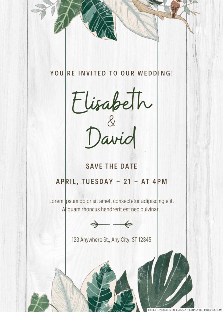 Free Editable Wood Tropical Leaves Green Pastel Wedding Invitation