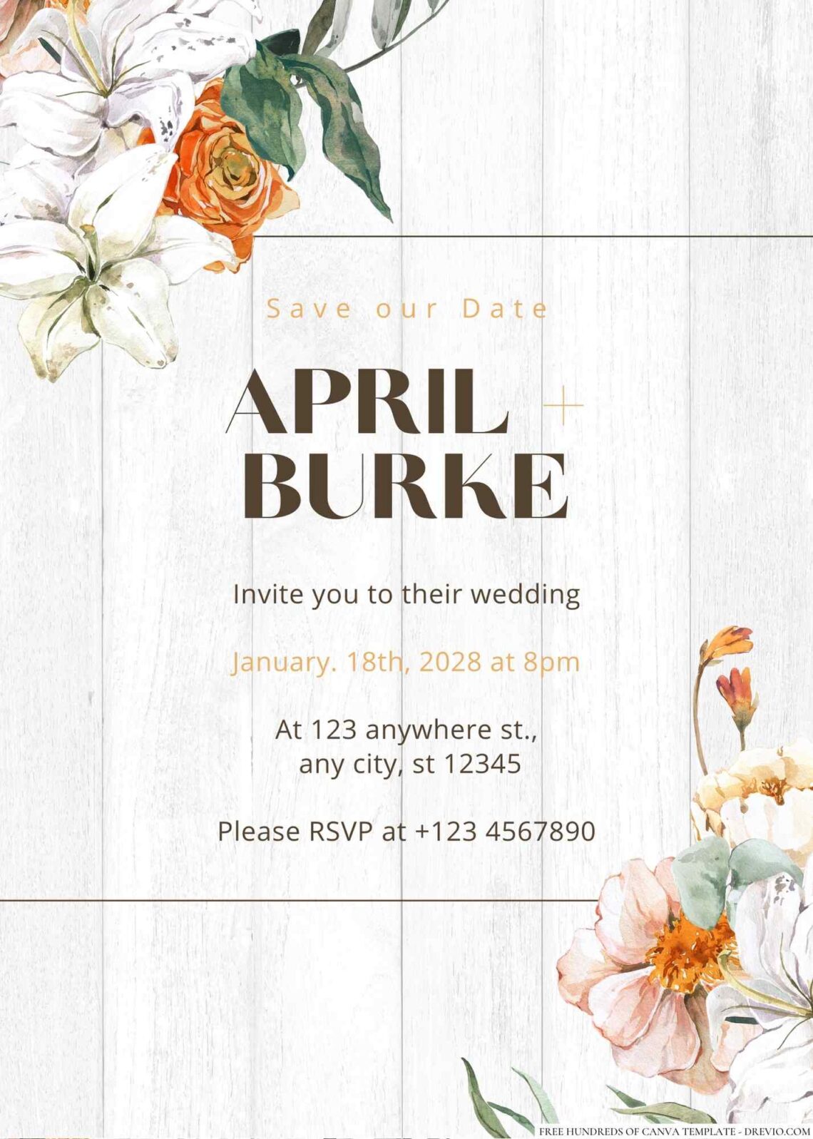 Free Editable Wood Orange White Floral Wedding Invitation