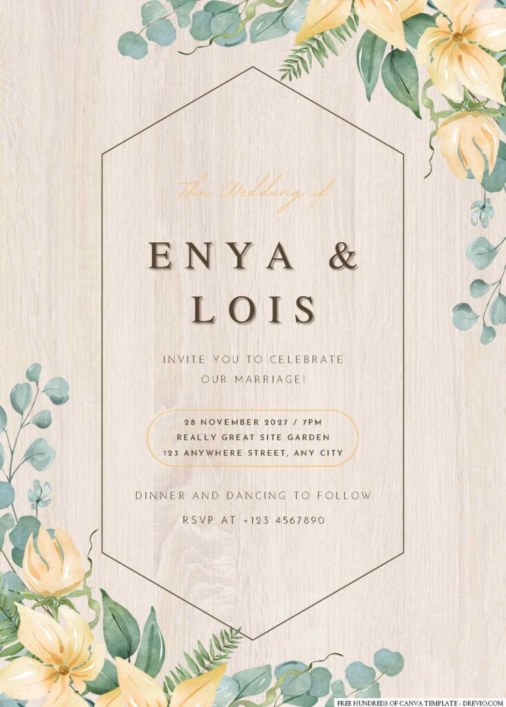 Free Editable Wood Yellow Floral Arrangement Wedding Invitation