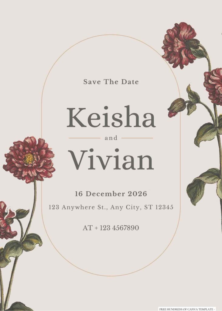 Free Editable Vintage Floral Plant Illustration Wedding Invitation