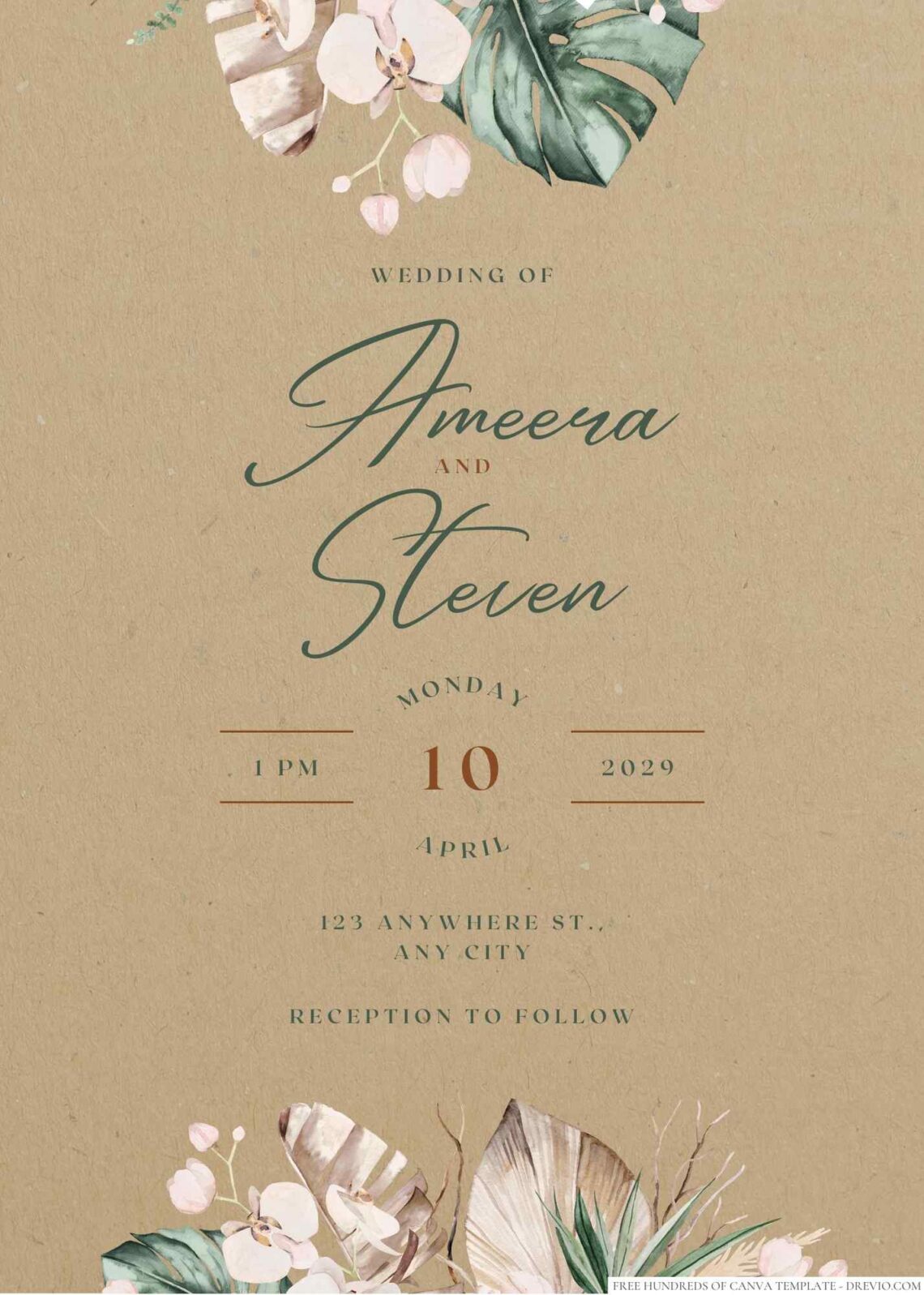 Free Editable Rustic Watercolor Wreath White Wedding Invitation