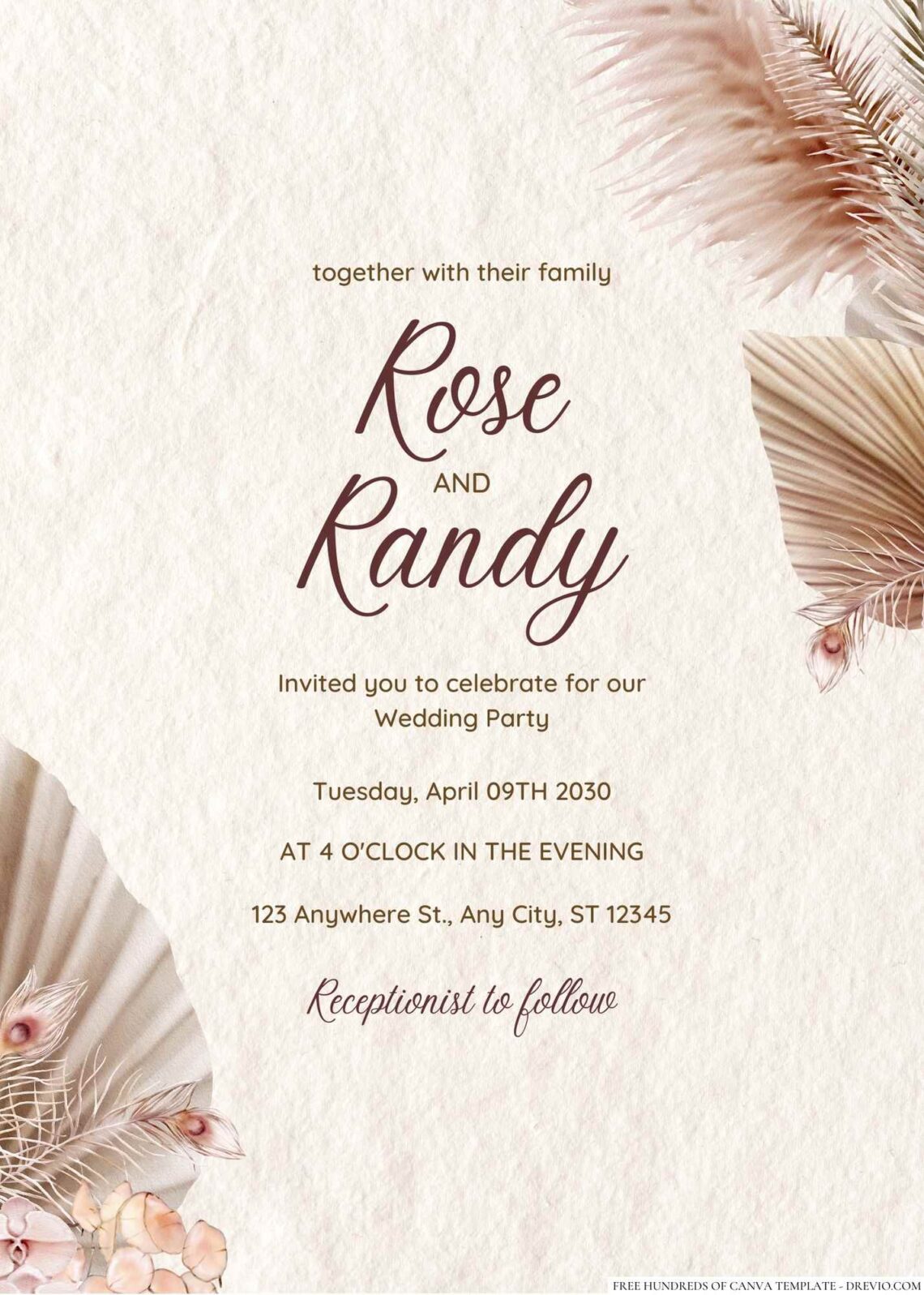Free Editable Rustic Pampass Grass Tropical Pink Wedding Invitation