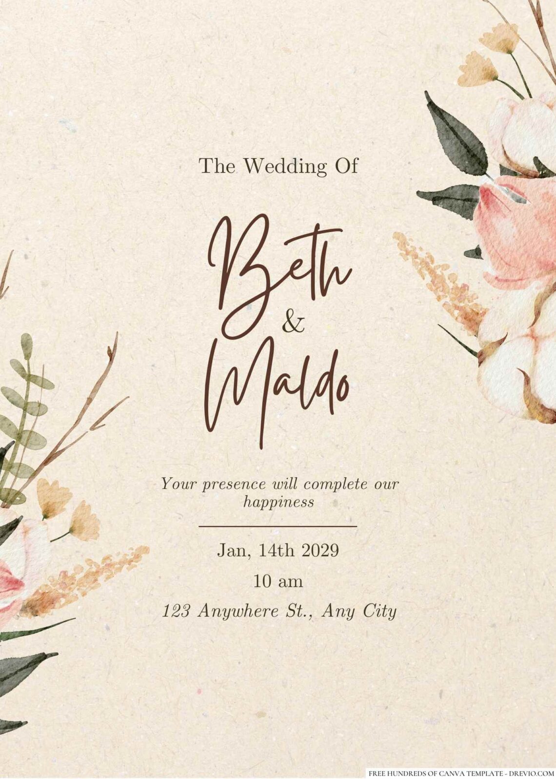 Free Editable Rustic Flower Pink Bouquet Wedding Invitation