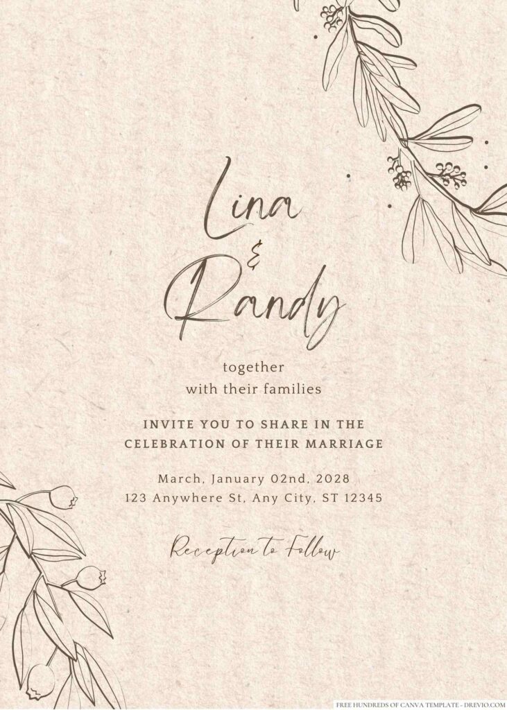 Free Editable Rustic Line Leaves Wreath Floral Wedding Invitation