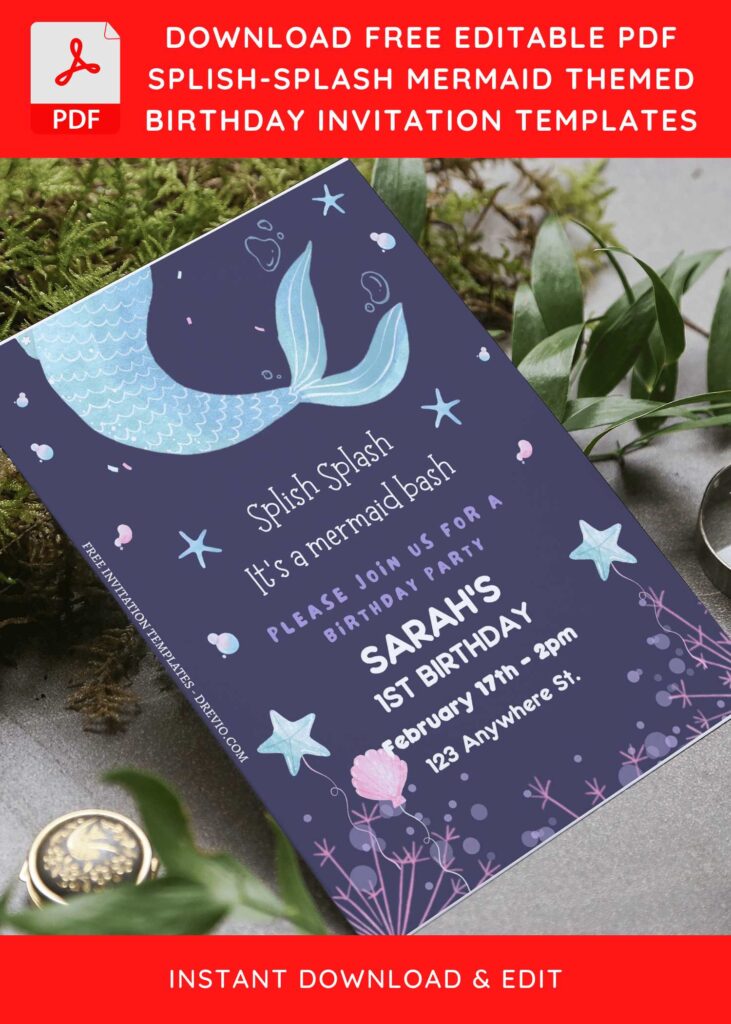 (Free Editable PDF) Splish Splash Mermaid Birthday Bash Invitation Templates with editable text