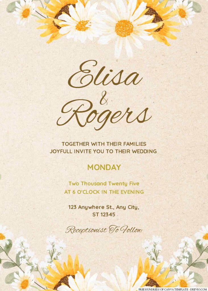 Free Editable Rustic Sunflower Watercolor Floral Wedding Invitation
