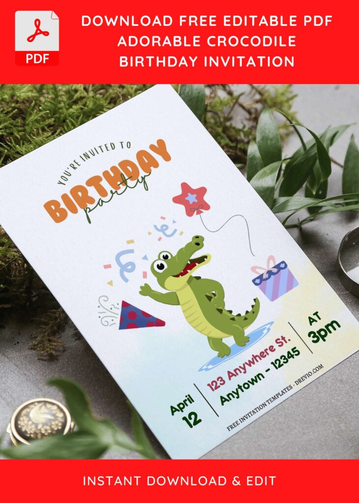 (Free Editable PDF) Chomp In The Swamp Crocodile Birthday Invitation Templates F