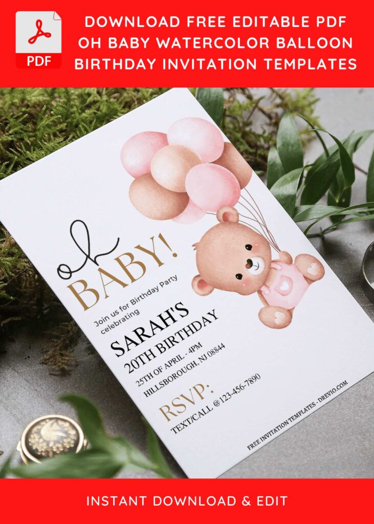 (Free Editable PDF) Oh Baby Watercolor Balloon Birthday Invitation Templates F