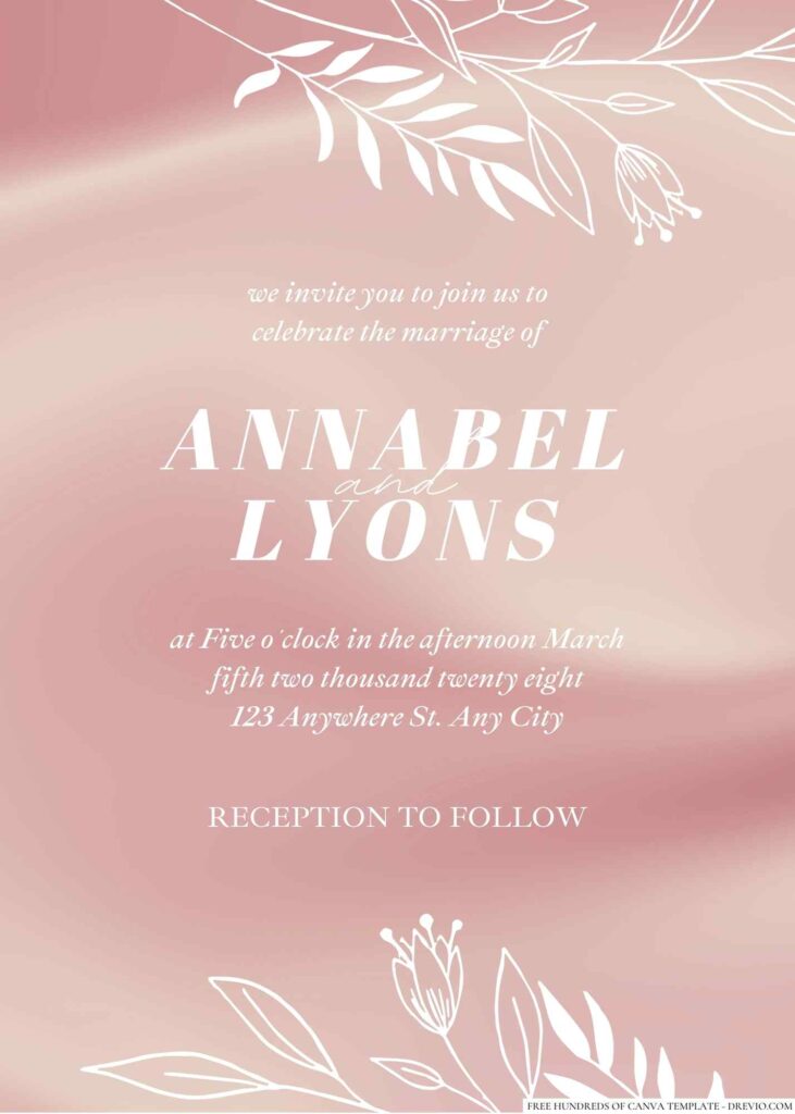 Free Editable Rose Gold Line Floral White Wedding Invitation