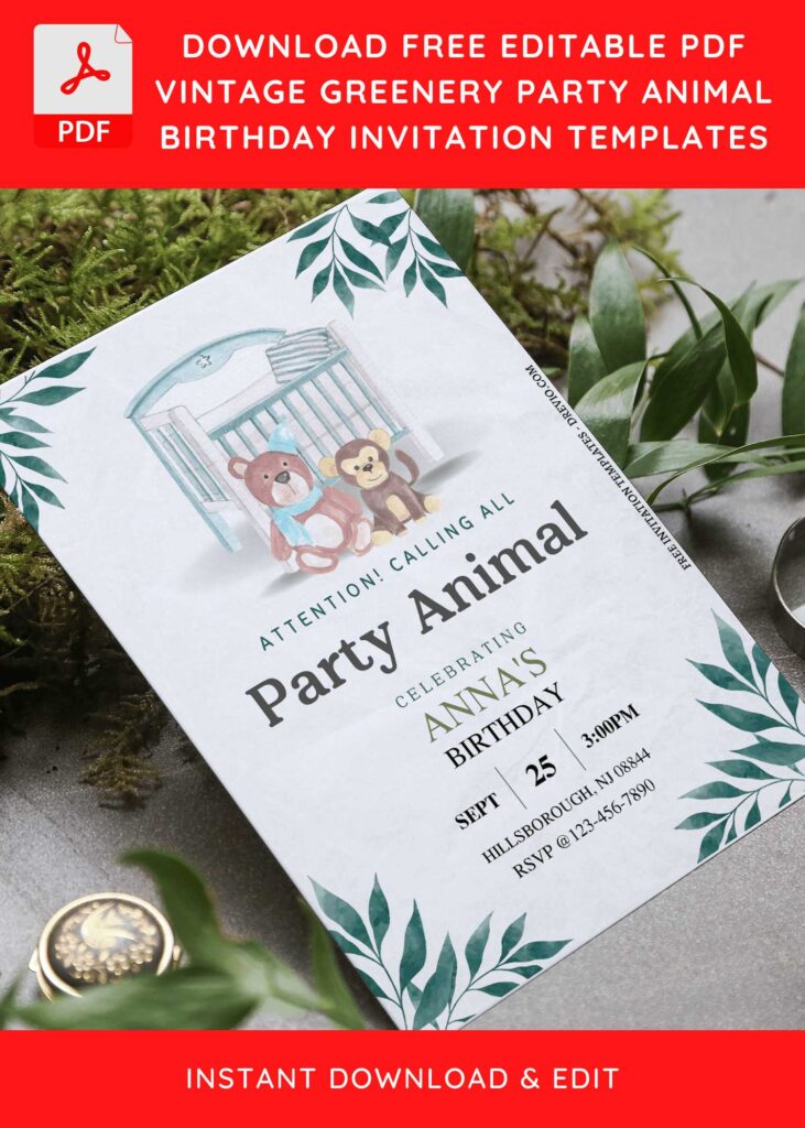 Invitation Template of (Free Editable PDF) Vintage Greenery Party Animal Birthday Invitation Templates 3