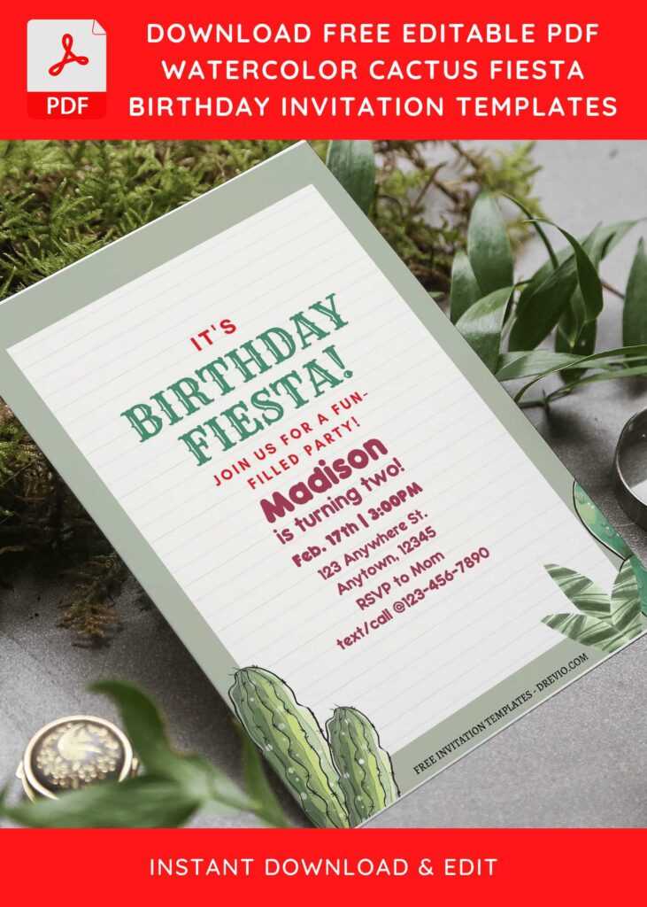 (Free Editable PDF) Vintage Cactus Fiesta Birthday Invitation Templates F
