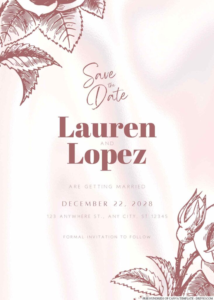 Free Editable Drawing Line Floral Rose Gold Wedding Invitation