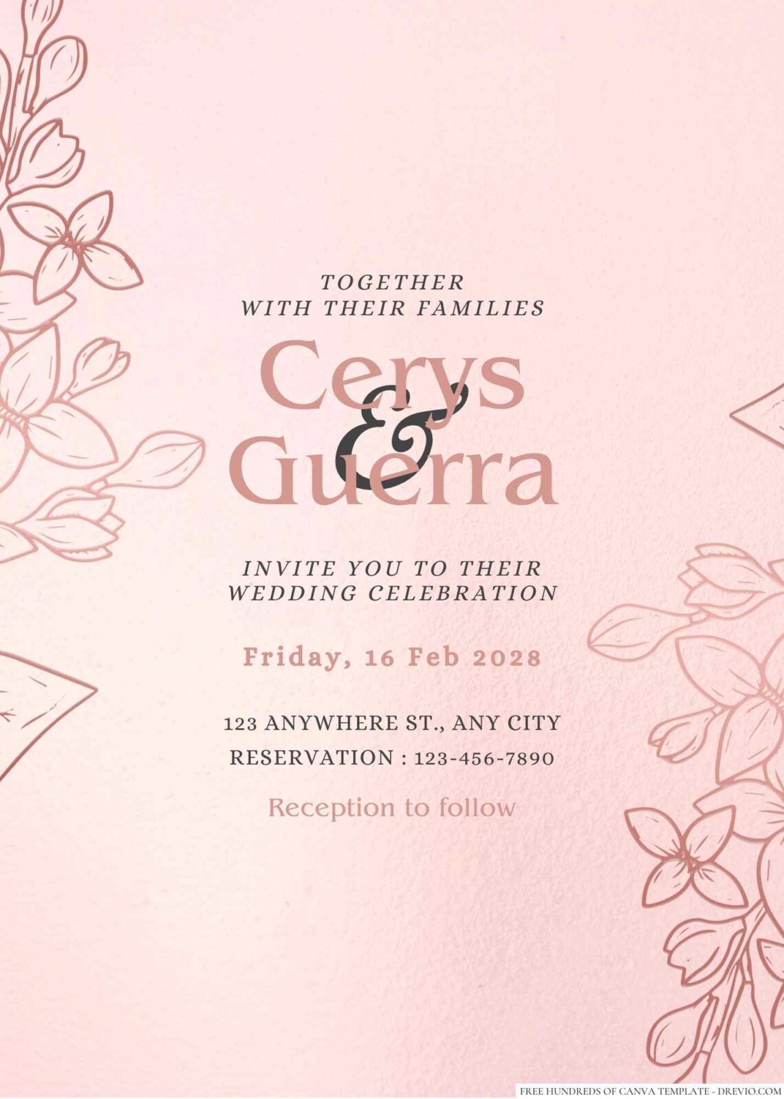 Free Editable Rose Gold Deatile Floral Wedding Invitation