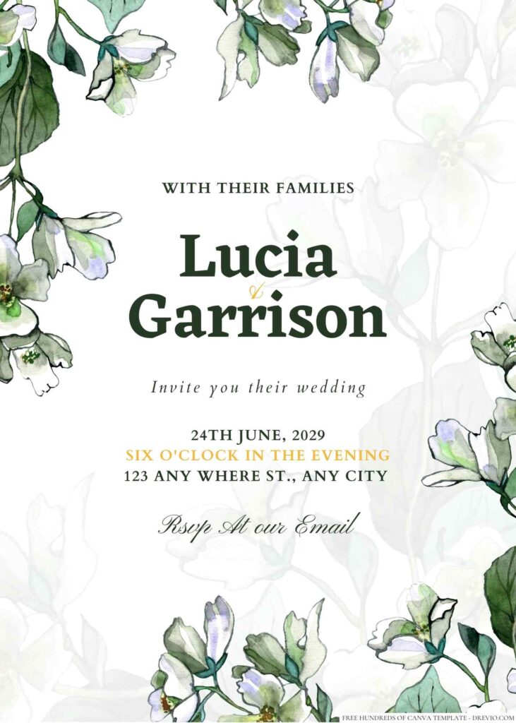 Free Editable Minimalist Greenery Jasmine Floral Wedding Invitation