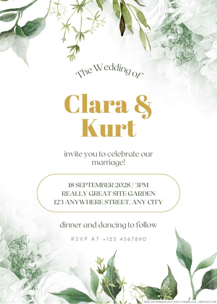 Free Editable Minimalist Greenery Dark Green Leaves Wedding Invitation