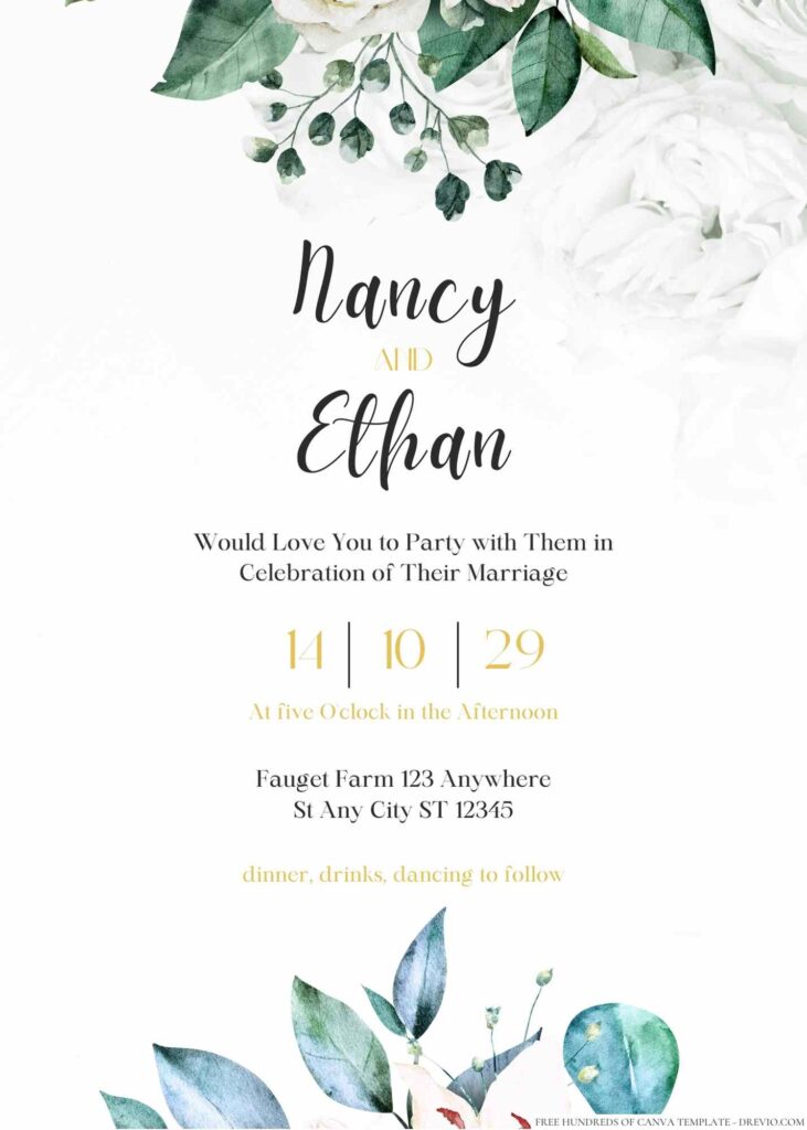 Free Editable Minimalist Greenery White Roses Wedding Invitation 
