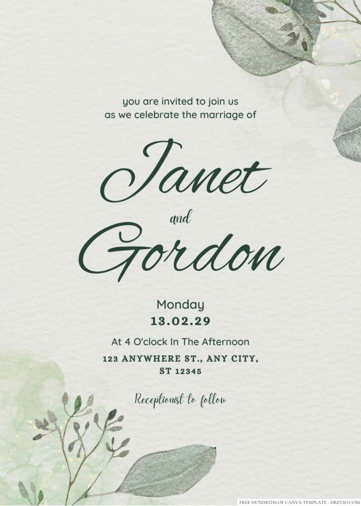 Free Editable Minimalist Greenery Exotic Leaves Wedding Invitation