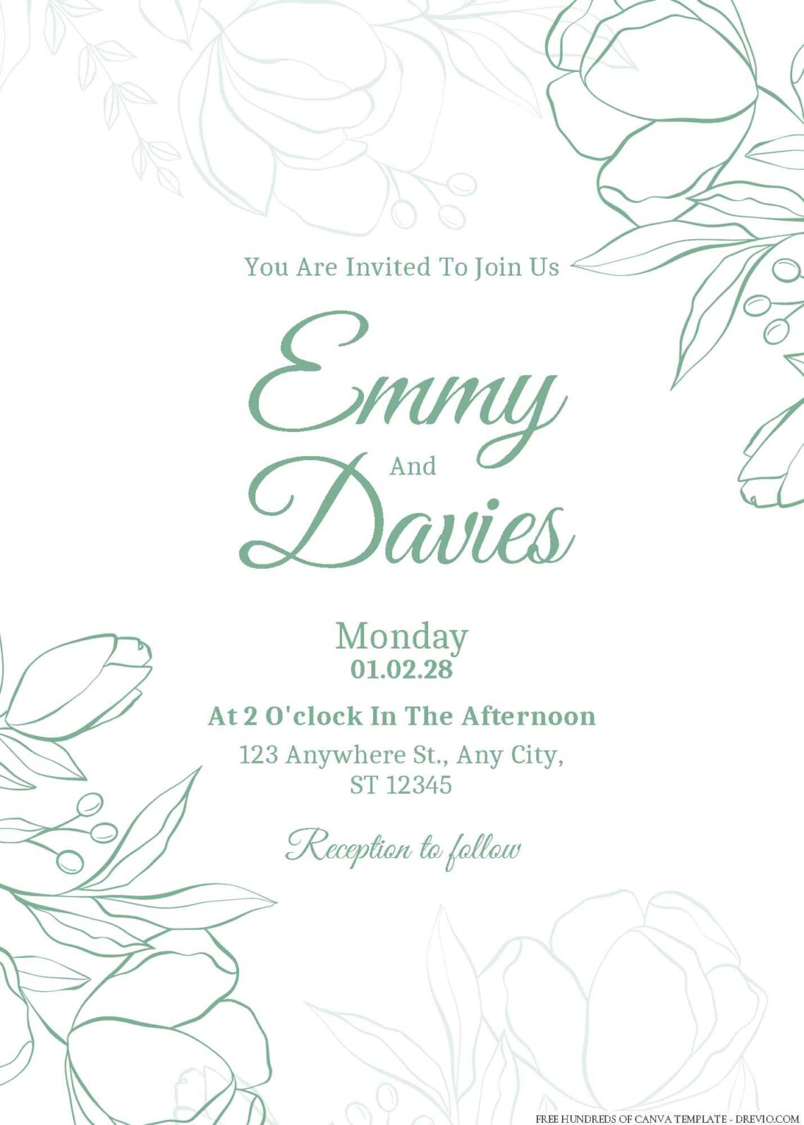 Free Editable Minimalist Green Handdrawn Floral Wedding Invitation