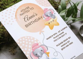 (Free Editable PDF) Cutesy Nursery Baby Elephant Birthday Invitation Templates