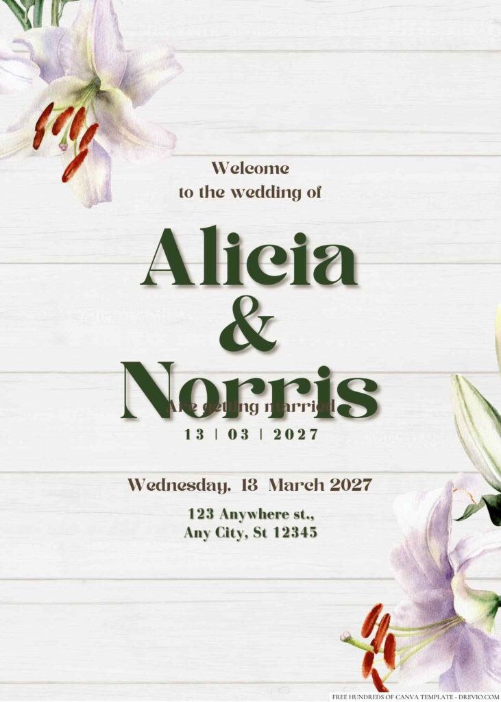 Free Editable Wood Watercolor Lily Flower Wedding Invitation