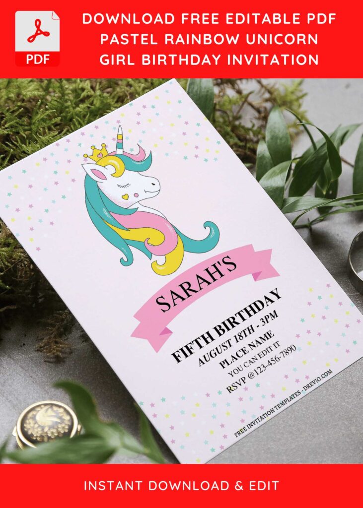 (Free Editable PDF) Sparkling Rainbow Unicorn Birthday Invitation Templates F