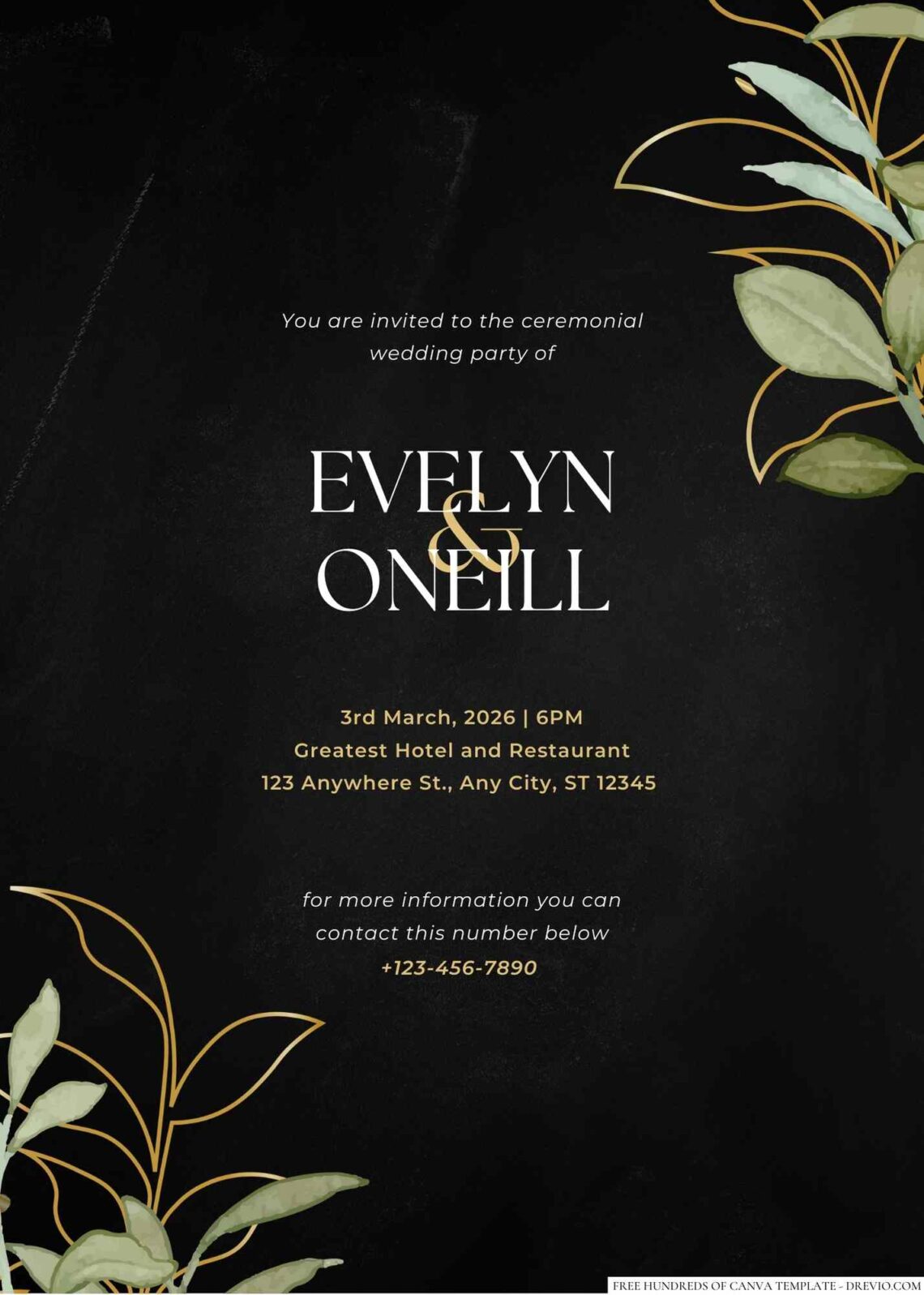 Free Editable Chalkboard Floral Gold Leaves Wedding Invitation
