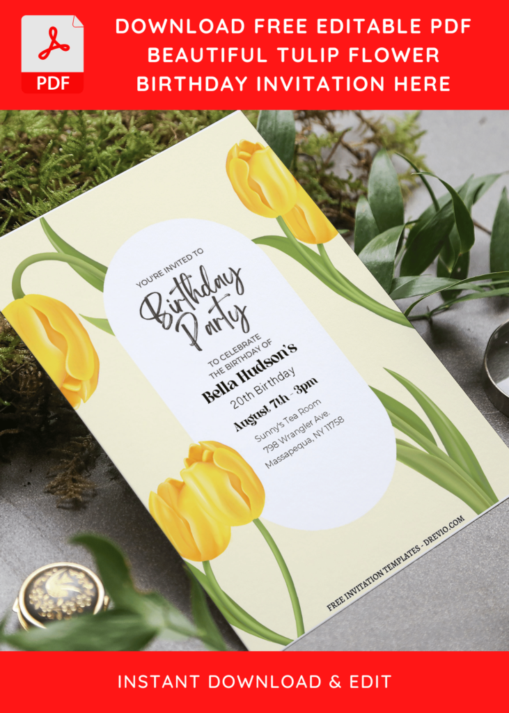 (Free Editable PDF) Classic Bright Tulip Birthday Invitation Templates F
