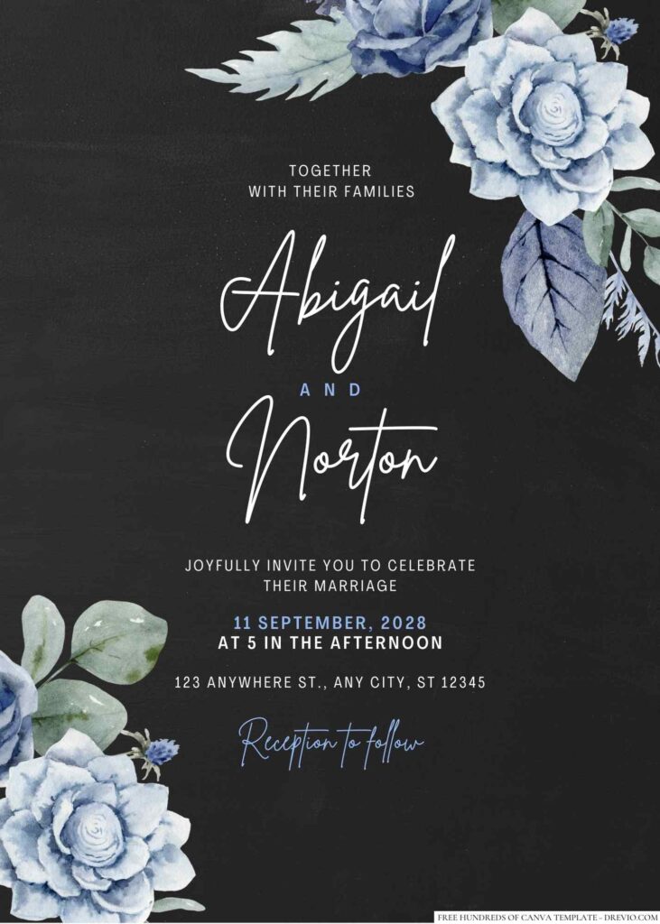 Free Editable Chalkboard Dusty Blue Wreath Wedding Invitation