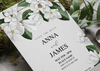 (Free Editable PDF) Botanical Magnolia Wedding Invitation Templates F