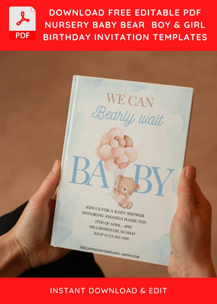 (Free Editable PDF) Nursery Baby Bear Birthday Invitation Templates E