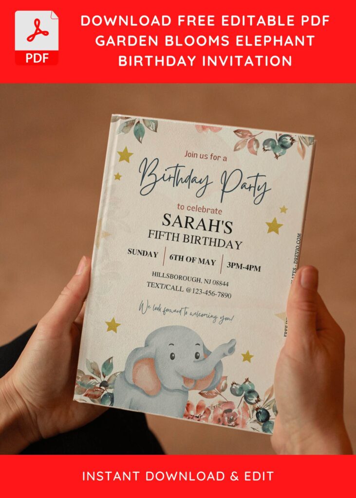 (Free Editable PDF) Rustic Greenery Elephant Birthday Invitation Templates E