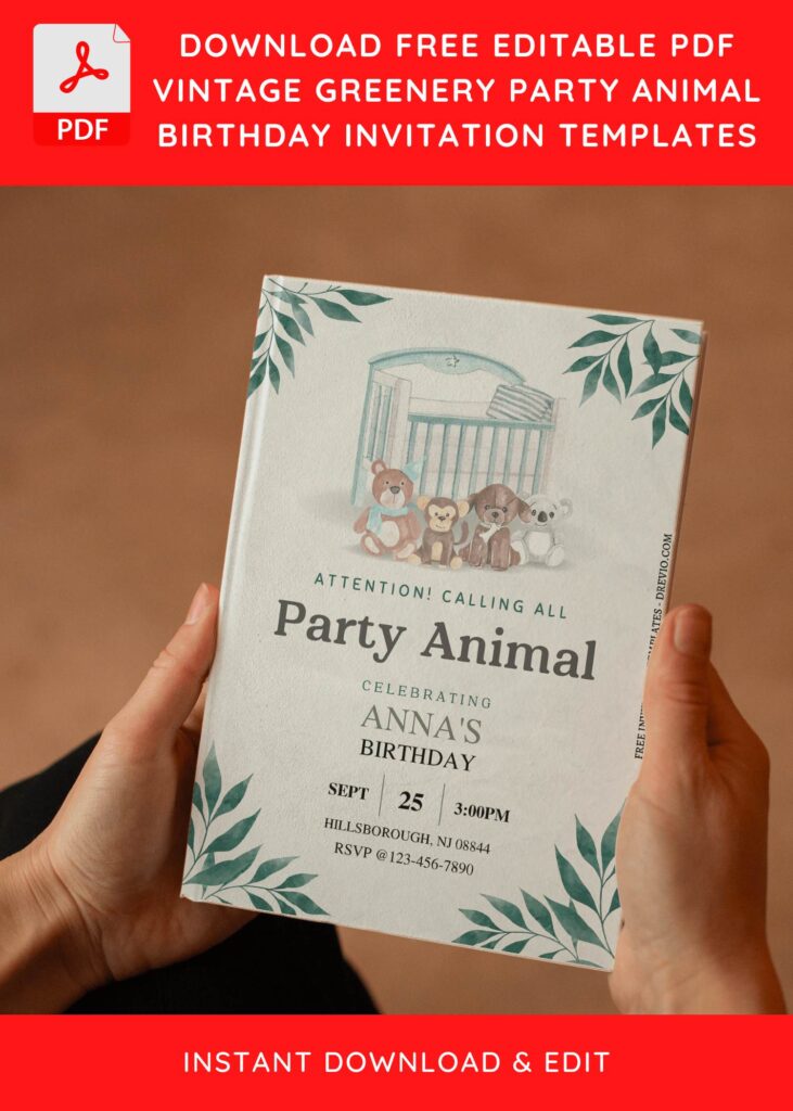 (Free Editable PDF) Vintage Greenery Party Animal Birthday Invitation Templates E