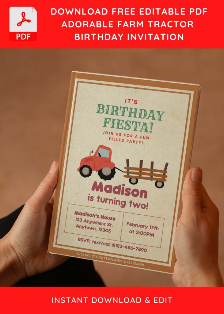 (Free Editable PDF) Tractor Kids Birthday Invitation Templates E