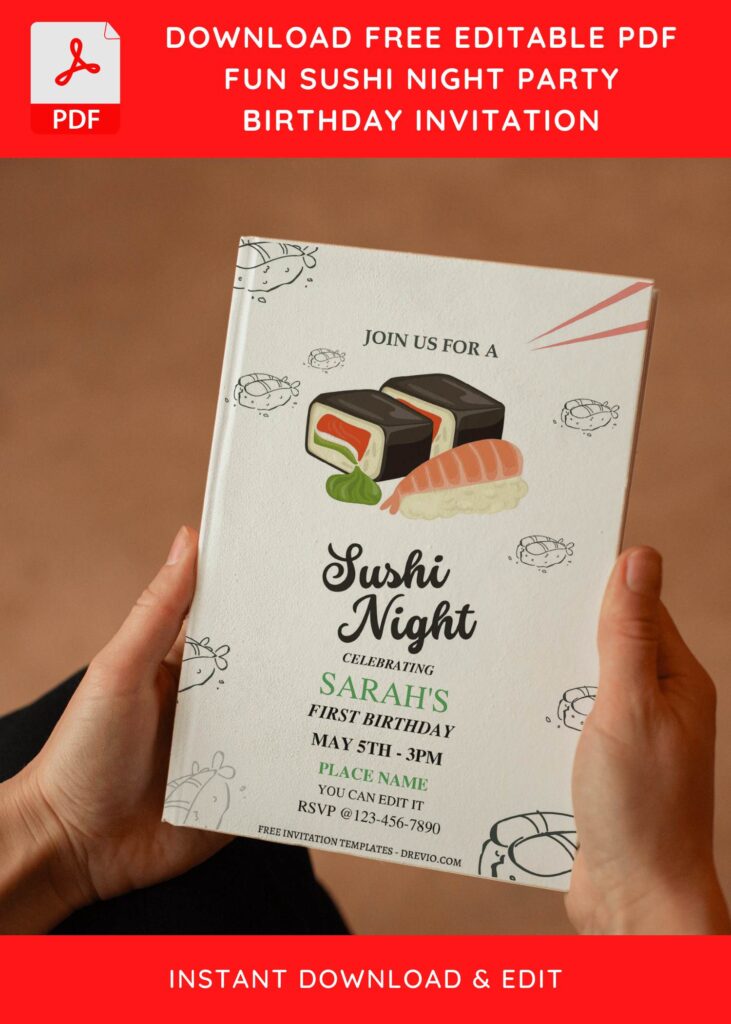 (Free Editable PDF) Sushi Night Kids Birthday Invitation Templates E