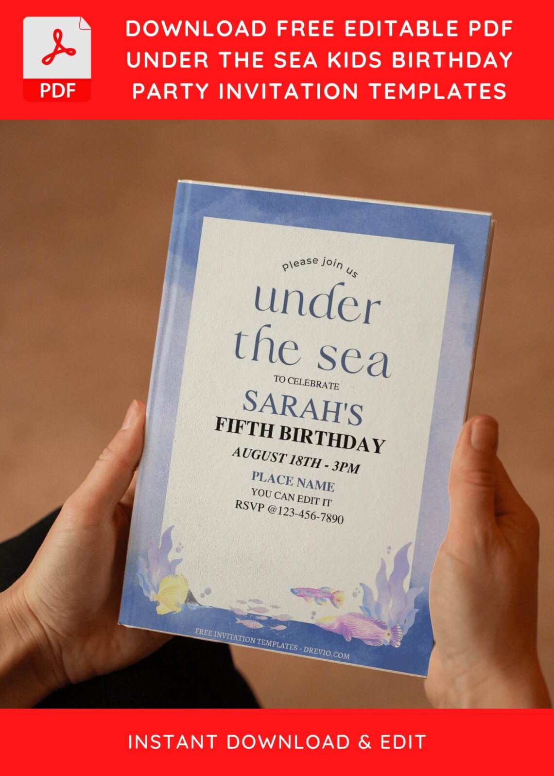 (Free Editable PDF) Cute Watercolor Sea Themed Birthday Invitation Templates F