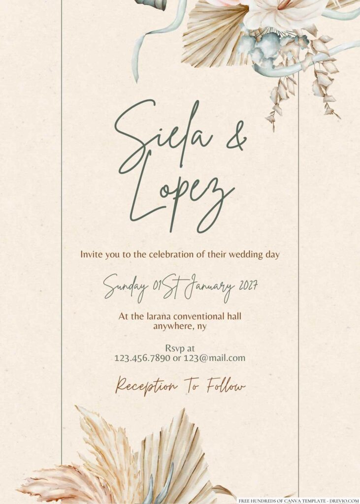 Free Editable Rustic Dried Tropical Green Wedding Invitation