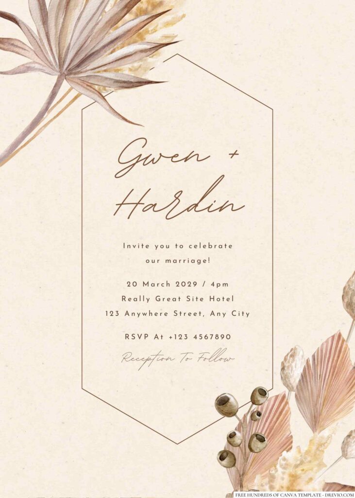 Free Editable Rustic Tropical Dry Palm Leaves Wedding Invitation 