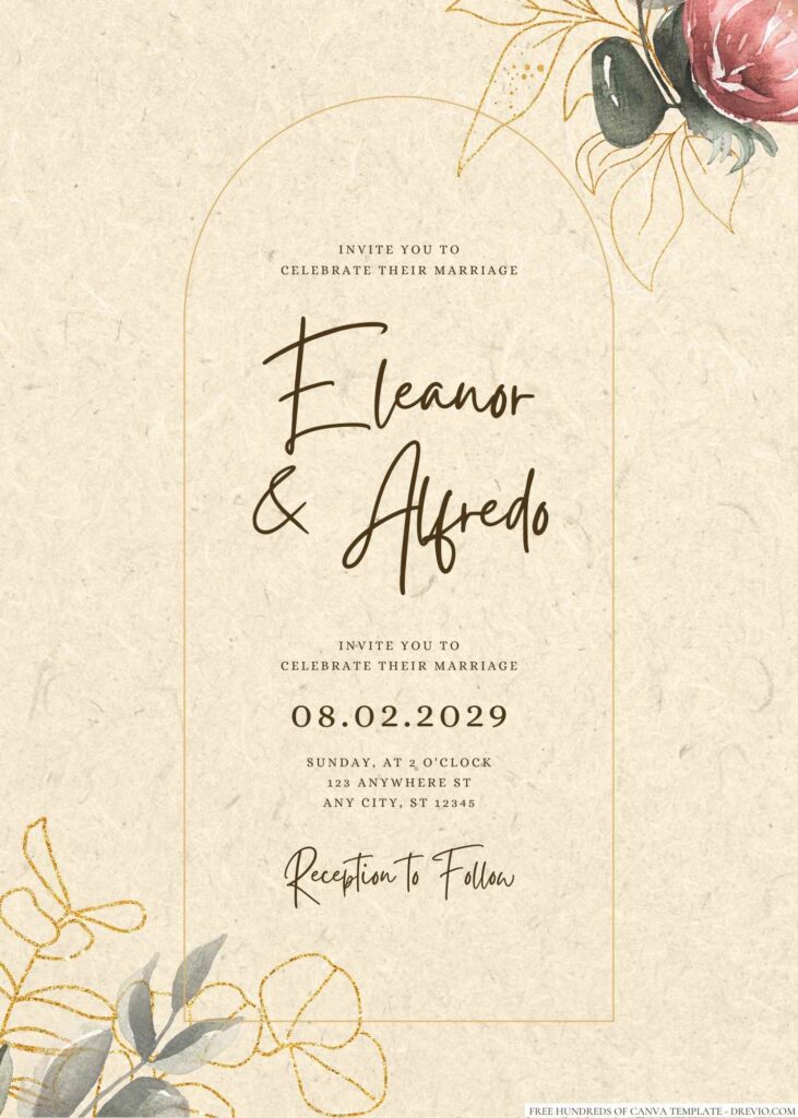 Free Editable Rustic Pink Flower Gold Lines Wedding Invitation