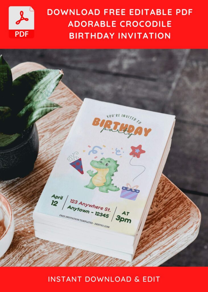 (Free Editable PDF) Chomp In The Swamp Crocodile Birthday Invitation Templates D