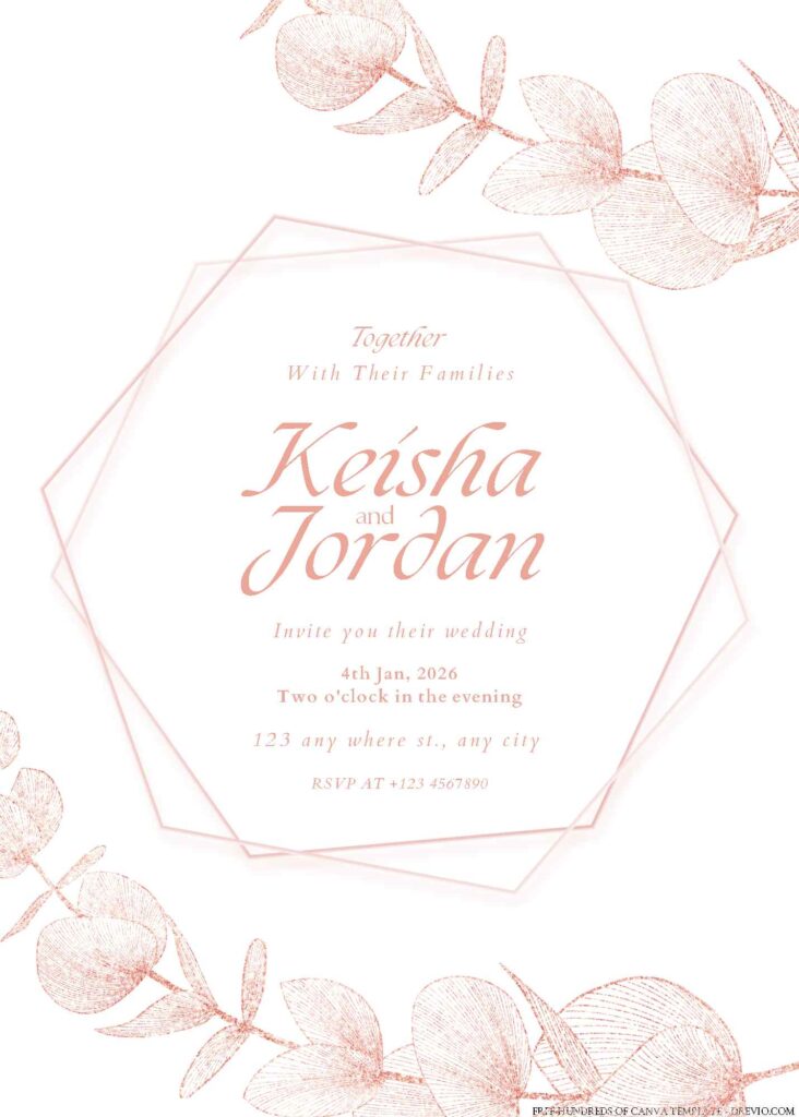 Free Editable Rose Gold Eucalyptus Leaf Wedding Invitation 