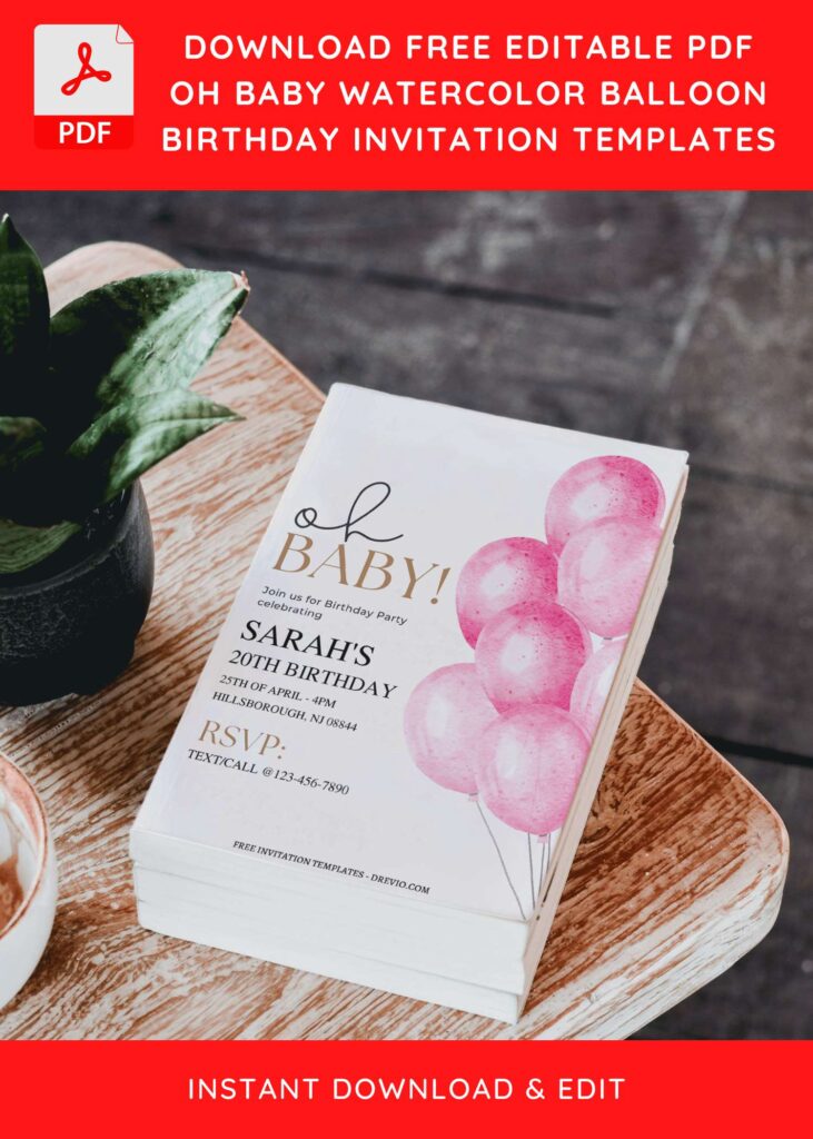 (Free Editable PDF) Oh Baby Watercolor Balloon Birthday Invitation Templates D