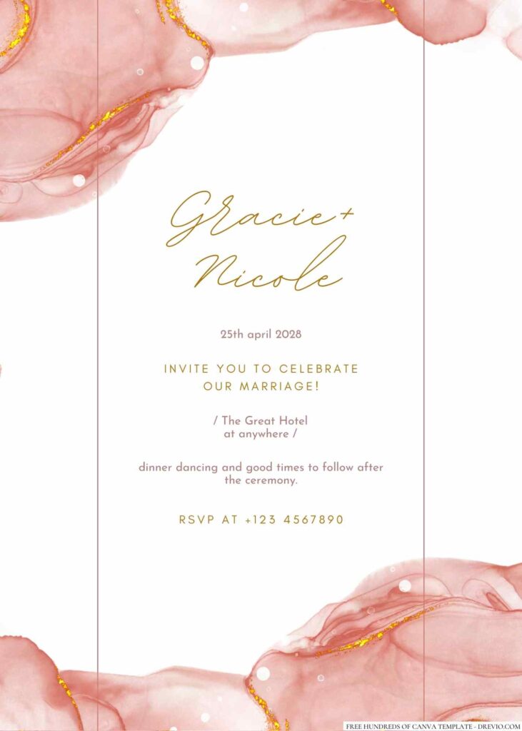 Free Editable Rose Gold Alcohol Ink Wedding Invitation 