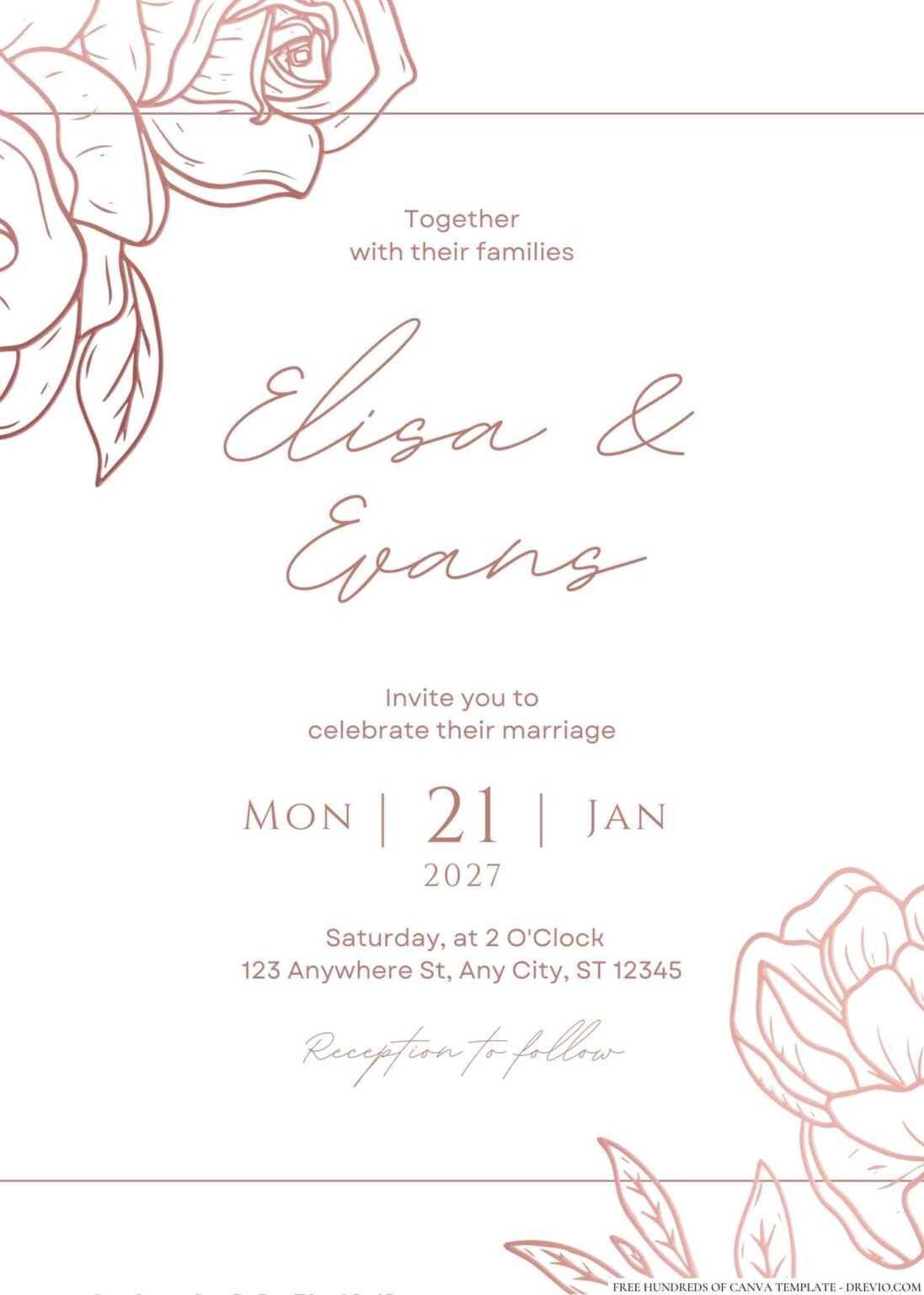 18+ Rose Gold Monoline Flower Canva Wedding Invitation Templates ...