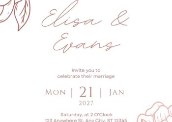 Free Editable Rose Gold Monoline Flower Wedding Invitation
